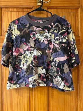 Nike Floral Crop Tee — Pink, Purple & Brown Floral Print